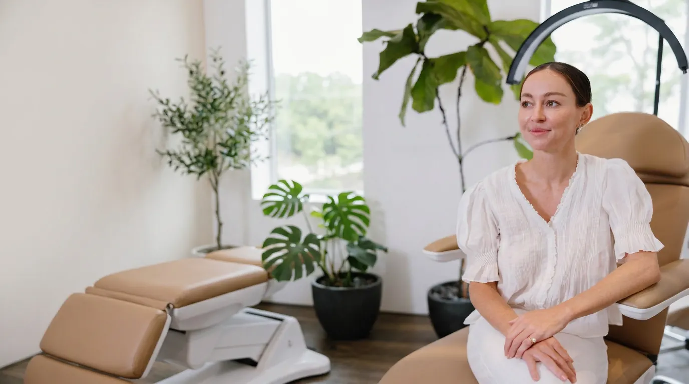 A patient seated in a bright treatment room during a consultation