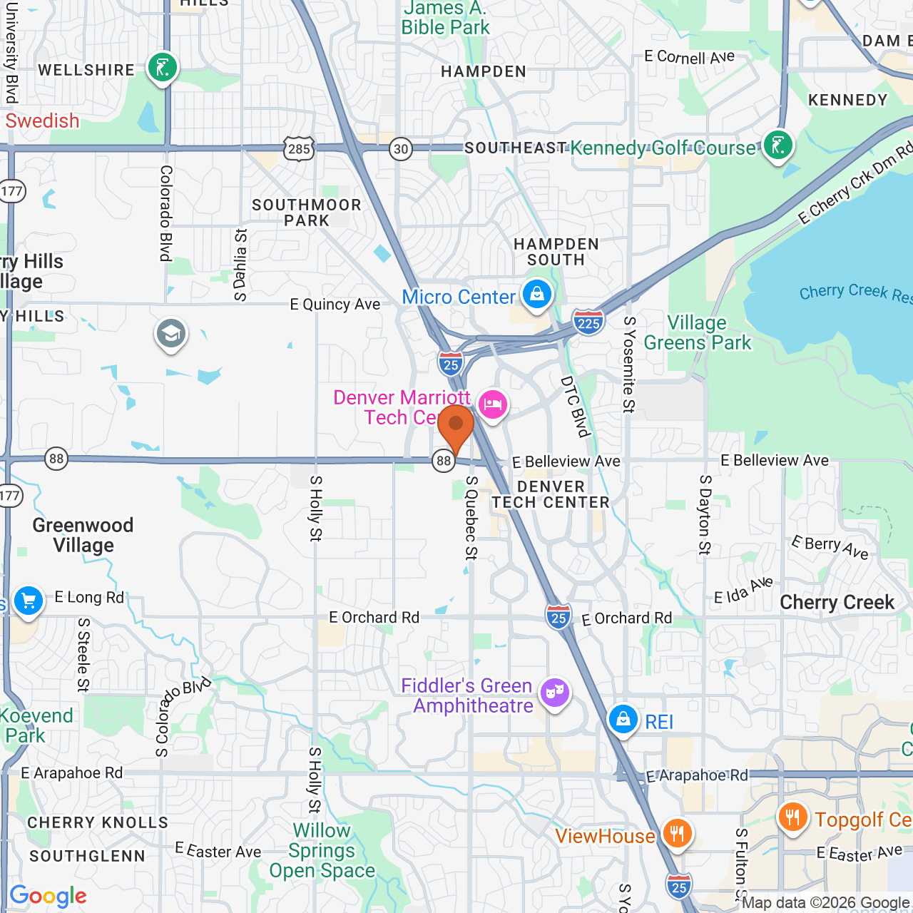 Map showing Restorative Injectables Denver and the surrounding 10-mile area